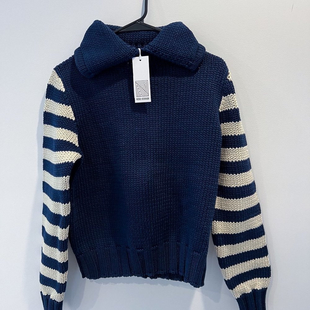 NWT ROSIE ASSOULIN Dickie Collared Knit Sweater Navy Blue S - Picture 3 of 7